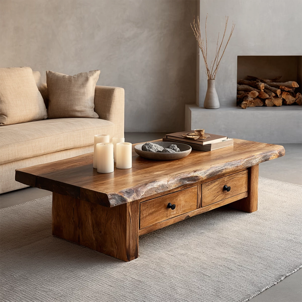 Rustic Solid Wood Coffee Table With Live Edge Top And Double Storage Drawers For Modern Living Room - Livewoodcraft - 5