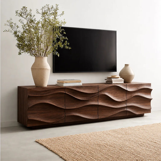 Sculpted Wave Natural Solid Wood TV Stand with Eight Drawer Storage - Echotimber
