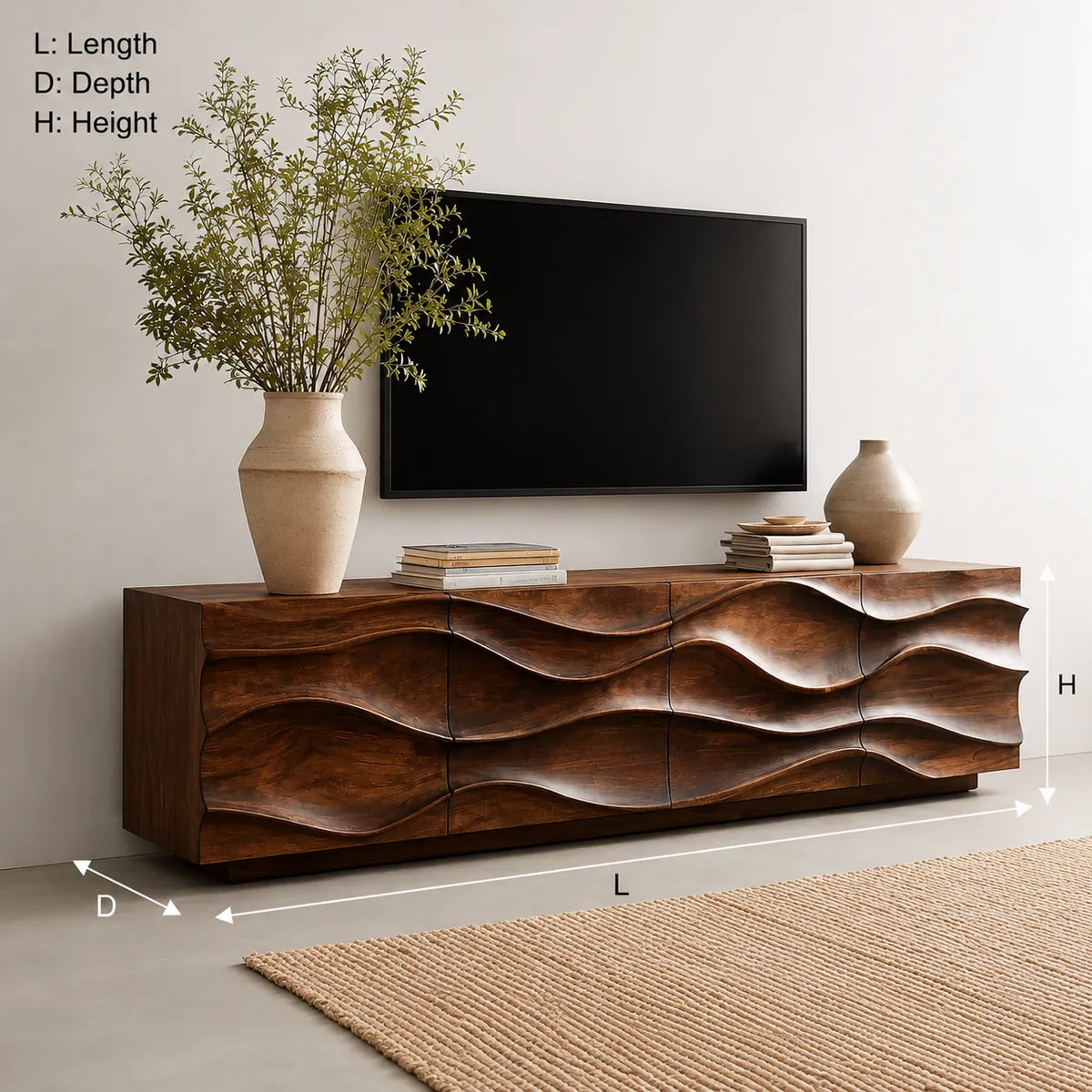 Sculpted Wave Natural Solid Wood TV Stand with Eight Drawer Storage - Livewoodcraft - 3