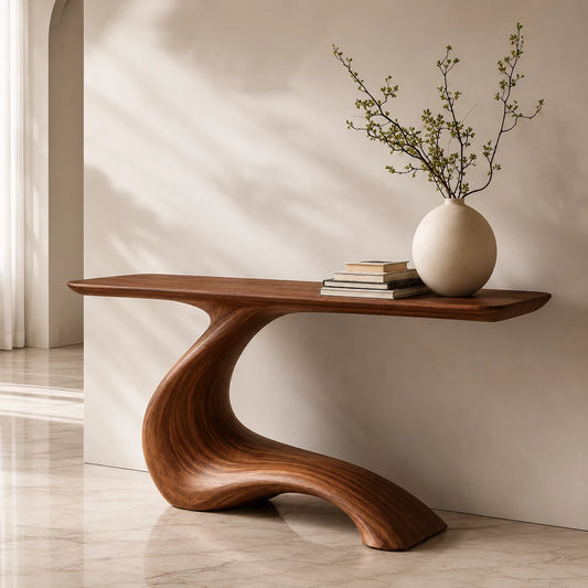 Sculptural Console Table with Flowing Pedestal Base in Natural Solid Wood - Echotimber