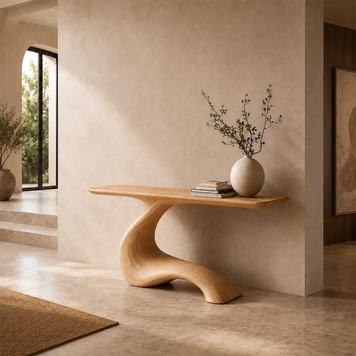 Sculptural Console Table with Flowing Pedestal Base in Natural Solid Wood - Livewoodcraft - 6