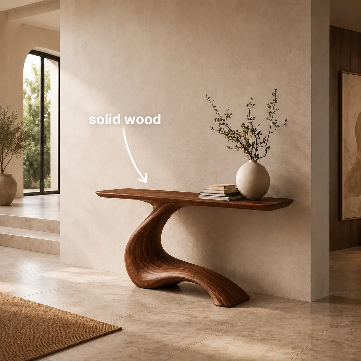 Sculptural Console Table with Flowing Pedestal Base in Natural Solid Wood - Livewoodcraft - 9