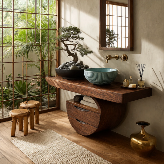 Sculptural Floating Bathroom Vanity with Curved Storage Base in Natural Solid Wood - Echotimber