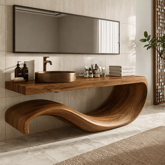 Sculptural Floating Solid Wood Bathroom Vanity With Large Wave Base And Natural Wood Grain - Echotimber