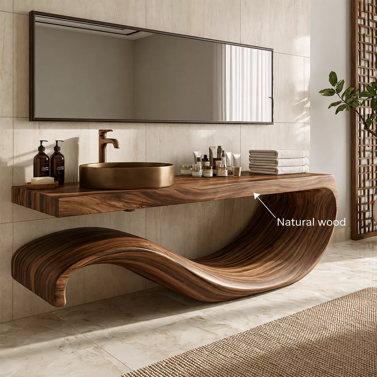Sculptural Floating Solid Wood Bathroom Vanity With Large Wave Base And Natural Wood Grain - Livewoodcraft - 10
