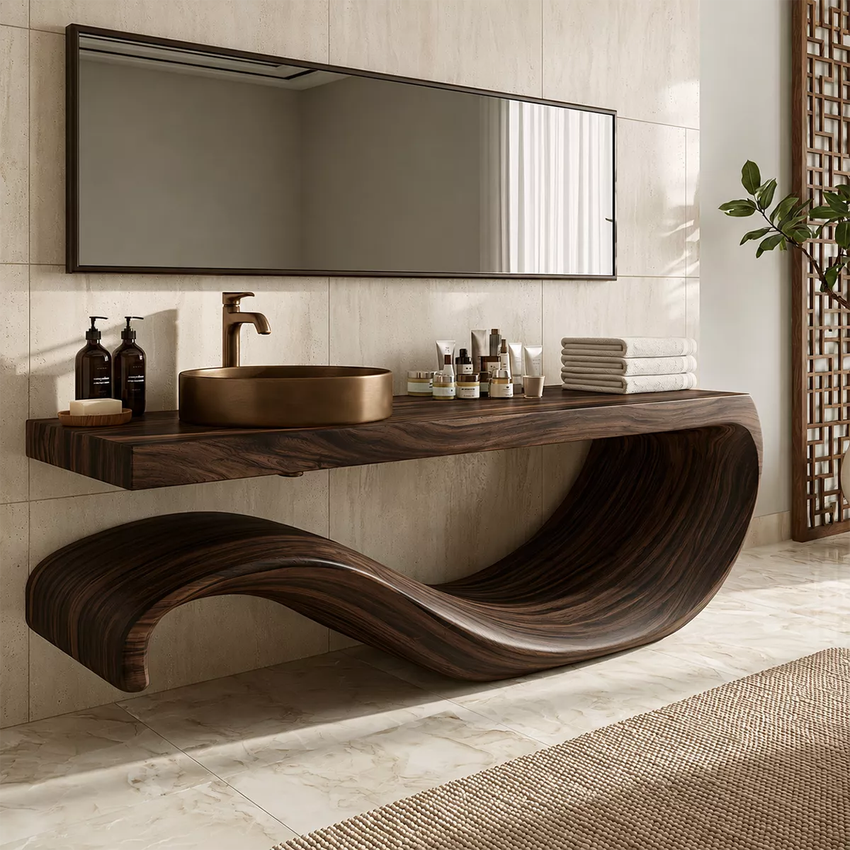 Sculptural Floating Solid Wood Bathroom Vanity With Large Wave Base And Natural Wood Grain - Livewoodcraft - 2