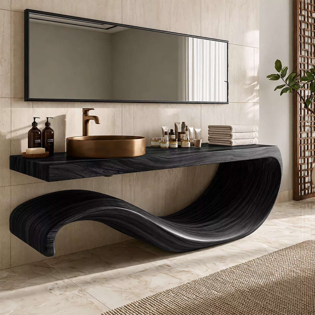 Sculptural Floating Solid Wood Bathroom Vanity With Large Wave Base And Natural Wood Grain - Livewoodcraft - 3