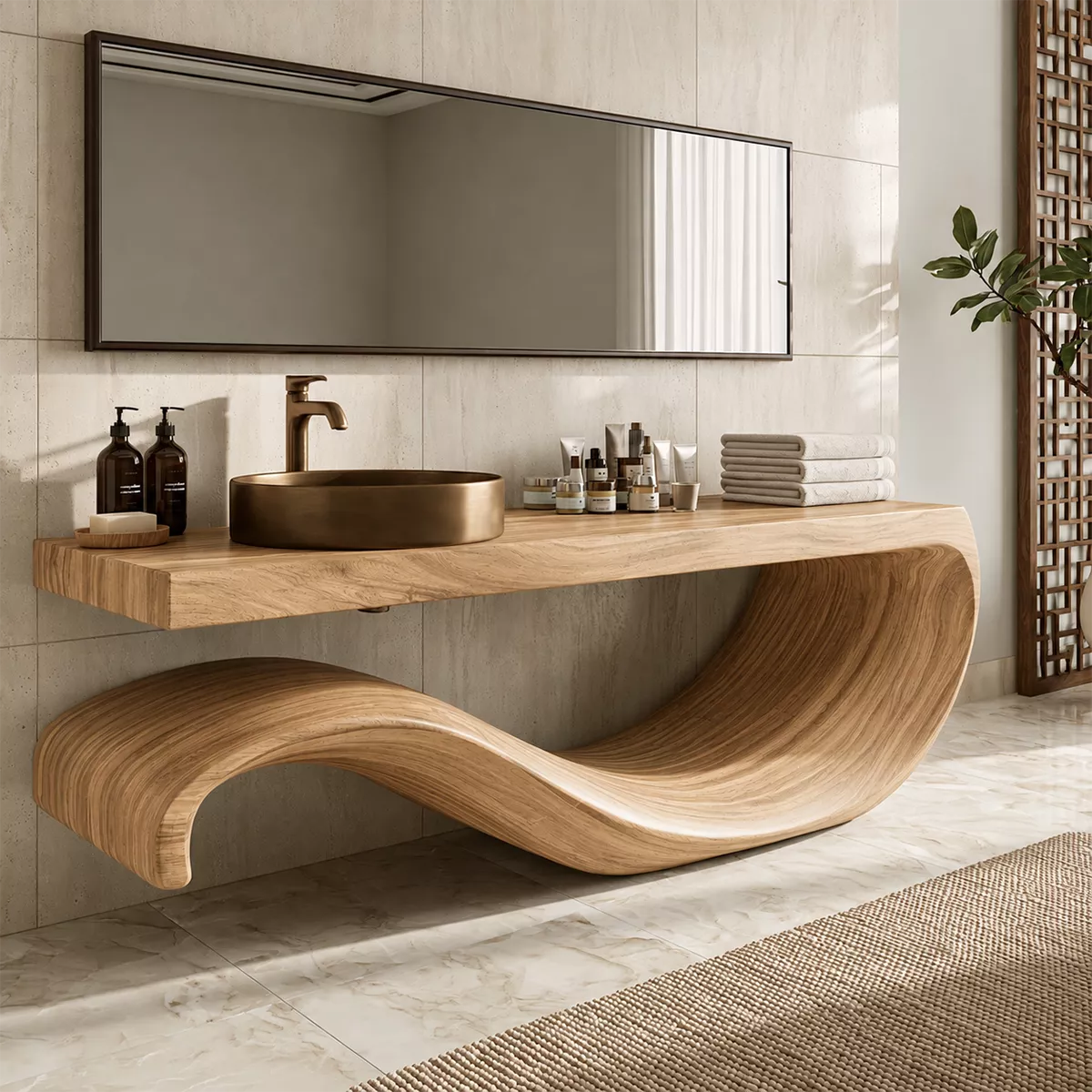 Sculptural Floating Solid Wood Bathroom Vanity With Large Wave Base And Natural Wood Grain - Livewoodcraft - 4