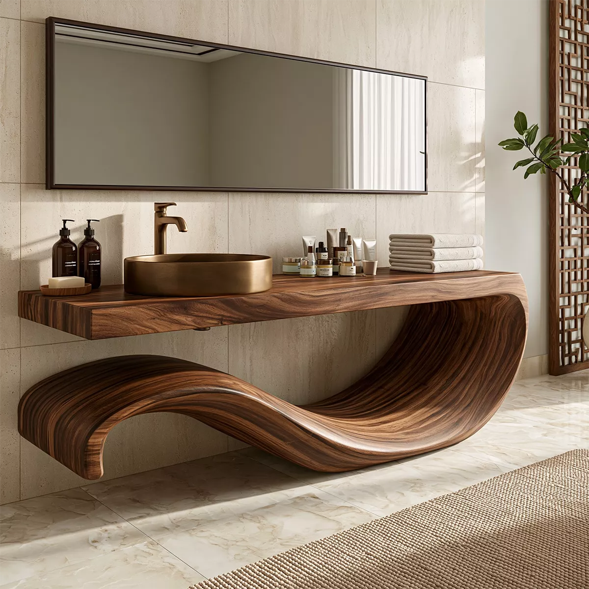 Sculptural Floating Solid Wood Bathroom Vanity With Large Wave Base And Natural Wood Grain - Livewoodcraft - 5