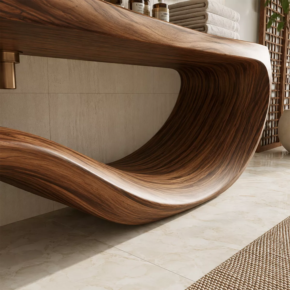 Sculptural Floating Solid Wood Bathroom Vanity With Large Wave Base And Natural Wood Grain - Livewoodcraft - 6