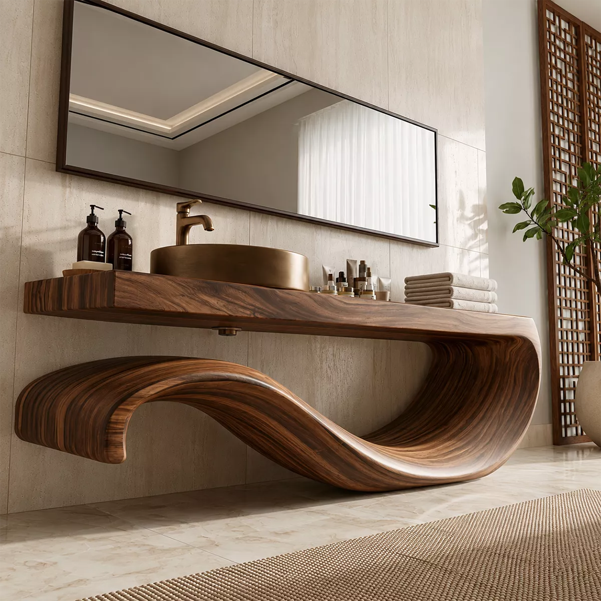 Sculptural Floating Solid Wood Bathroom Vanity With Large Wave Base And Natural Wood Grain - Livewoodcraft - 7