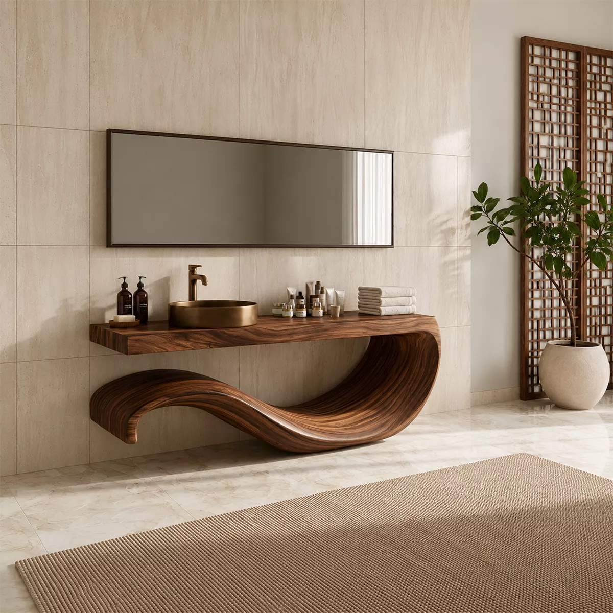 Sculptural Floating Solid Wood Bathroom Vanity With Large Wave Base And Natural Wood Grain - Livewoodcraft - 8