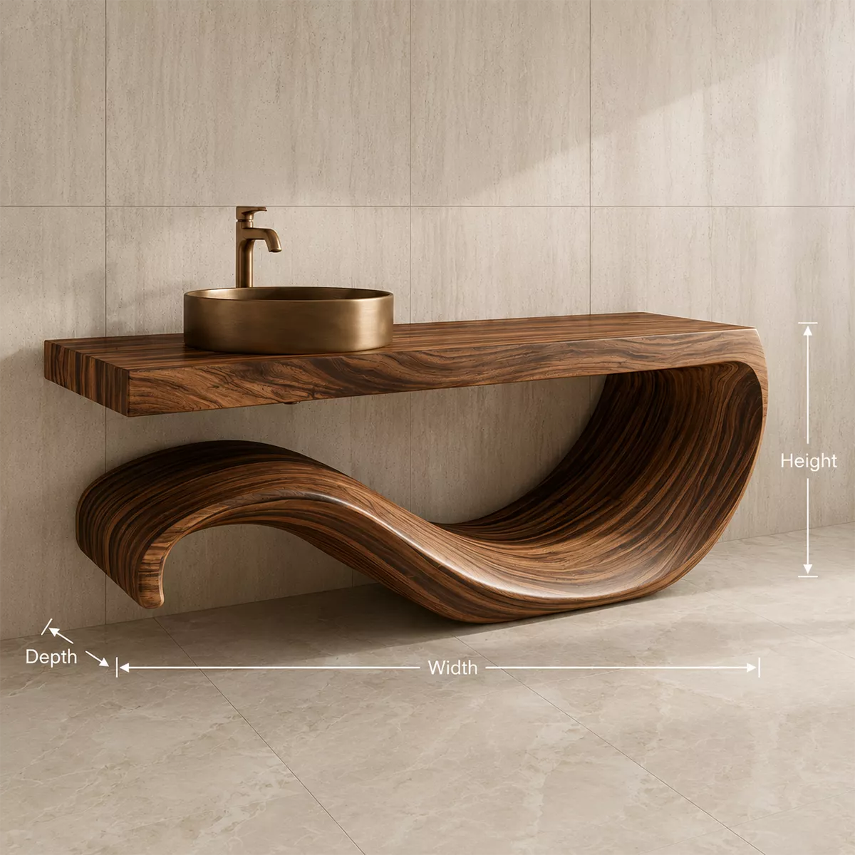 Sculptural Floating Solid Wood Bathroom Vanity With Large Wave Base And Natural Wood Grain - Livewoodcraft - 9
