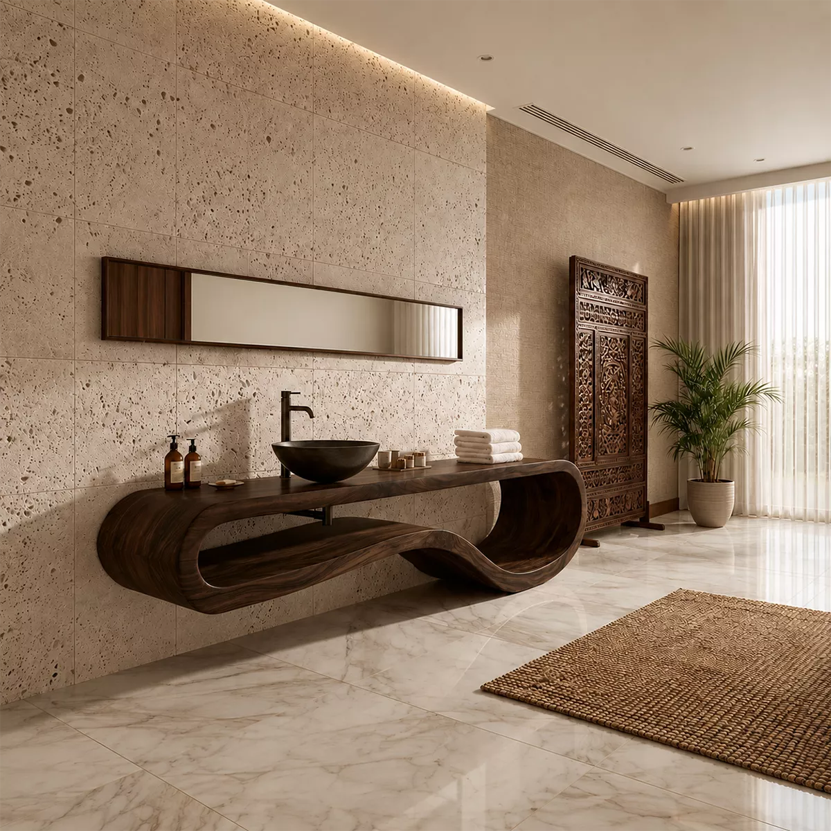 Sculptural Floating Solid Wood Bathroom Vanity With Organic Open Frame For Luxury Bathroom - Livewoodcraft - 2
