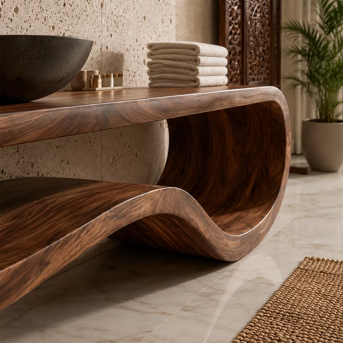 Sculptural Floating Solid Wood Bathroom Vanity With Organic Open Frame For Luxury Bathroom - Livewoodcraft - 6