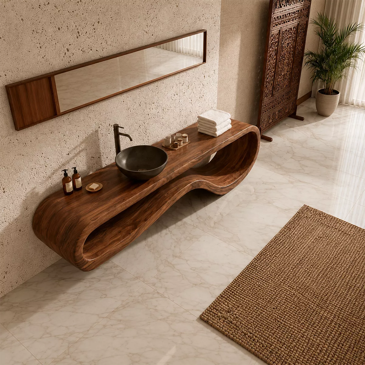 Sculptural Floating Solid Wood Bathroom Vanity With Organic Open Frame For Luxury Bathroom - Livewoodcraft - 7