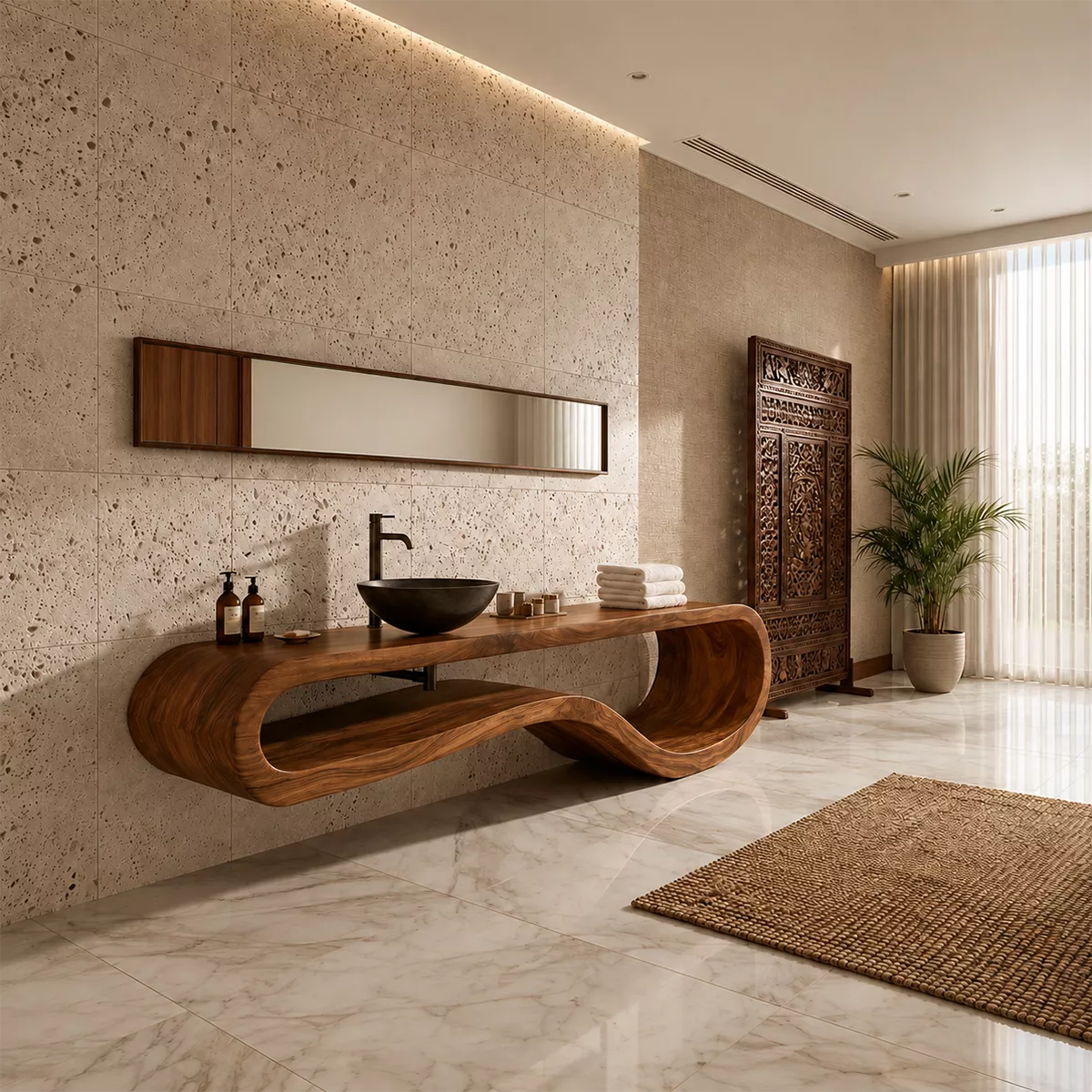 Sculptural Floating Solid Wood Bathroom Vanity With Organic Open Frame For Luxury Bathroom - Livewoodcraft