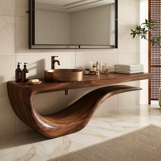 Sculptural Floating Solid Wood Bathroom Vanity With Wave Base And Open Shelf Storage - Echotimber