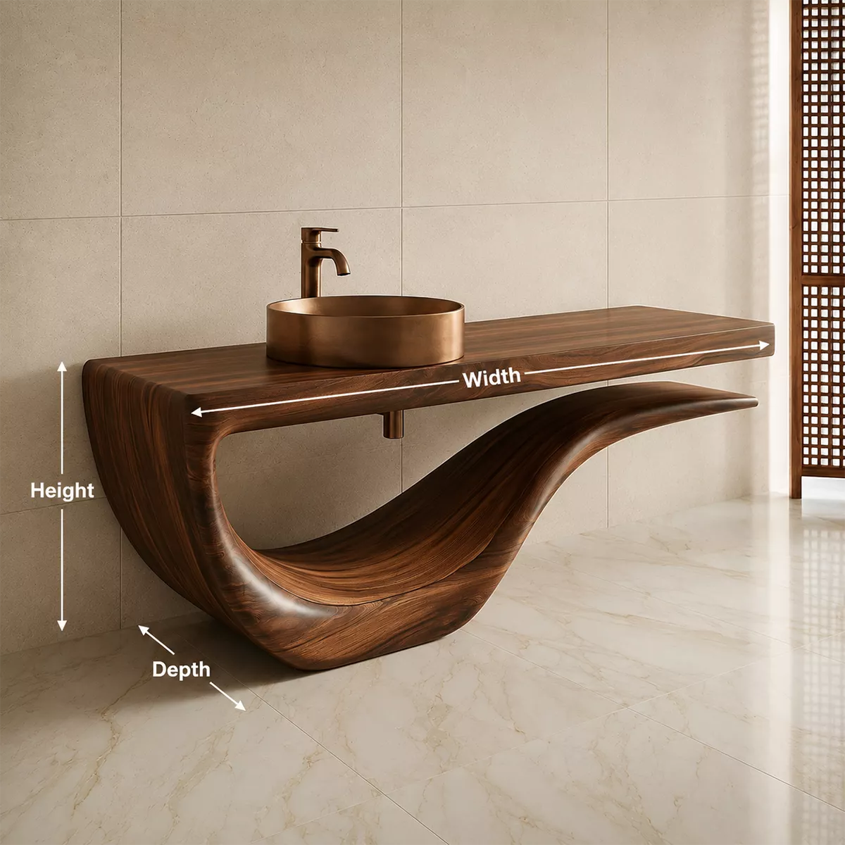Sculptural Floating Solid Wood Bathroom Vanity With Wave Base And Open Shelf Storage - Livewoodcraft - 10