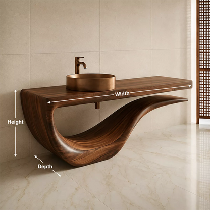 Sculptural Floating Solid Wood Bathroom Vanity With Wave Base And Open Shelf Storage - Livewoodcraft - 10