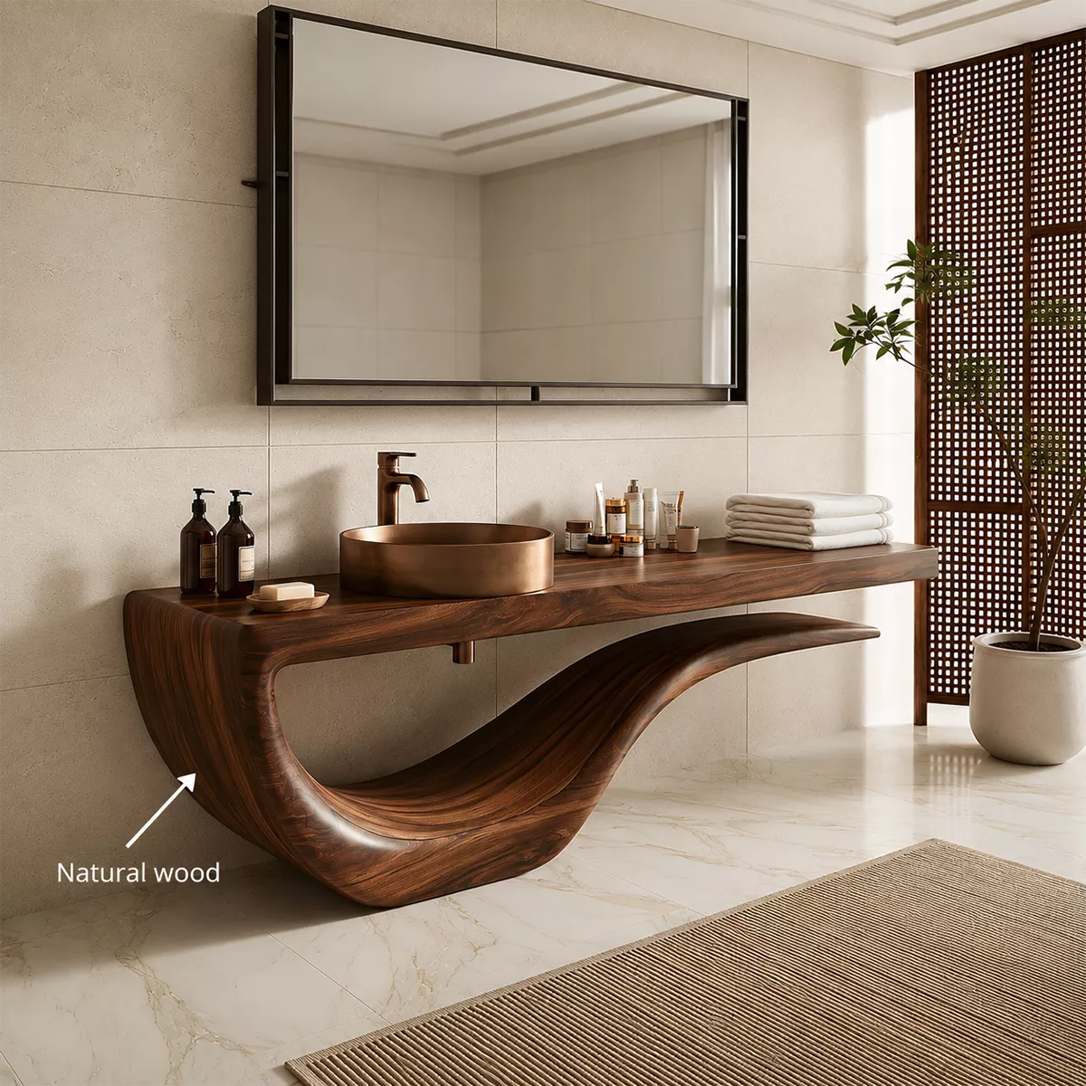 Sculptural Floating Solid Wood Bathroom Vanity With Wave Base And Open Shelf Storage - Livewoodcraft - 11