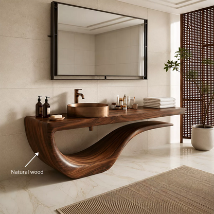 Sculptural Floating Solid Wood Bathroom Vanity With Wave Base And Open Shelf Storage - Livewoodcraft - 11