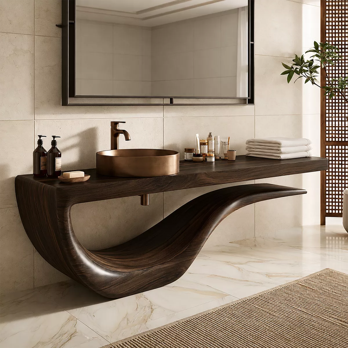 Sculptural Floating Solid Wood Bathroom Vanity With Wave Base And Open Shelf Storage - Livewoodcraft - 2