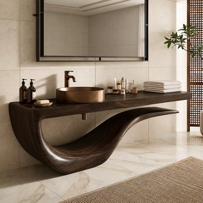 Sculptural Floating Solid Wood Bathroom Vanity With Wave Base And Open Shelf Storage - Livewoodcraft - 2
