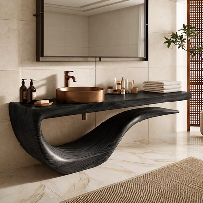 Sculptural Floating Solid Wood Bathroom Vanity With Wave Base And Open Shelf Storage - Livewoodcraft - 3