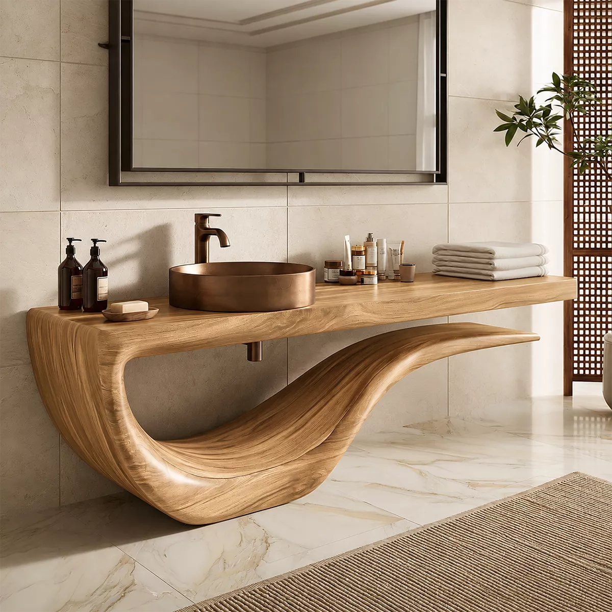 Sculptural Floating Solid Wood Bathroom Vanity With Wave Base And Open Shelf Storage - Livewoodcraft - 4