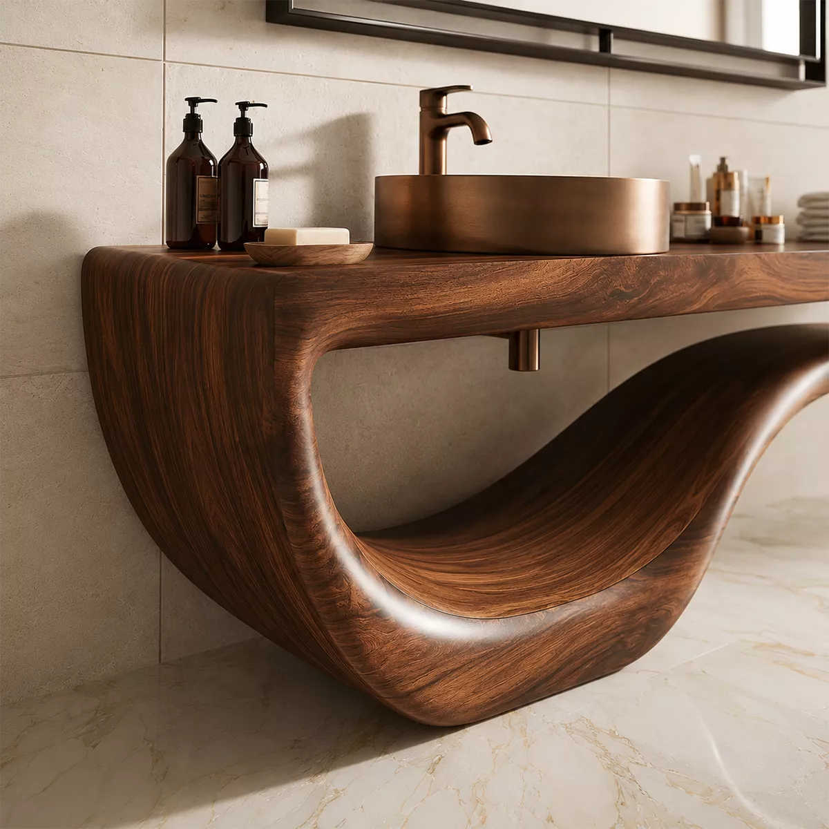 Sculptural Floating Solid Wood Bathroom Vanity With Wave Base And Open Shelf Storage - Livewoodcraft - 5