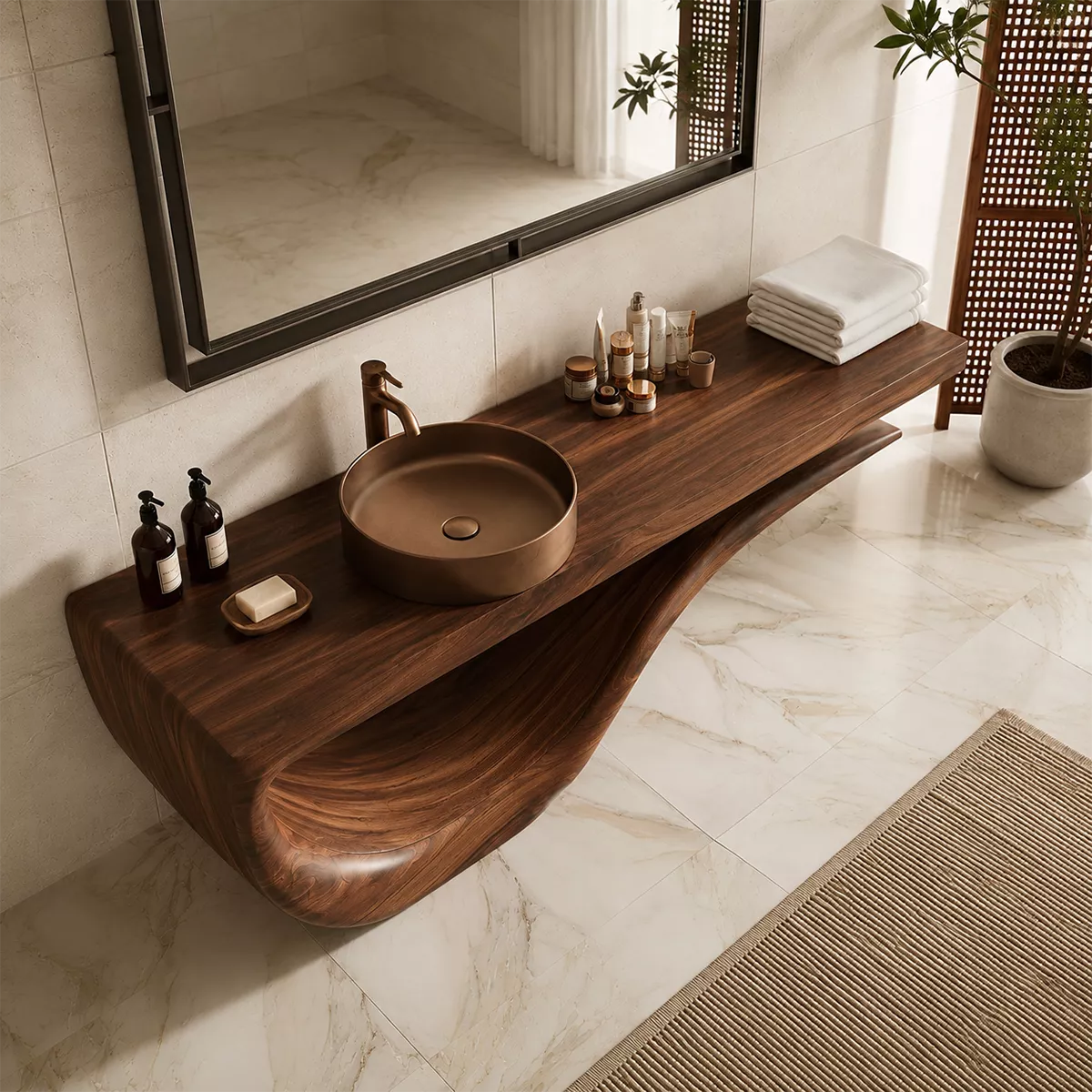 Sculptural Floating Solid Wood Bathroom Vanity With Wave Base And Open Shelf Storage - Livewoodcraft - 6