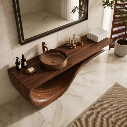 Sculptural Floating Solid Wood Bathroom Vanity With Wave Base And Open Shelf Storage - Livewoodcraft - 6
