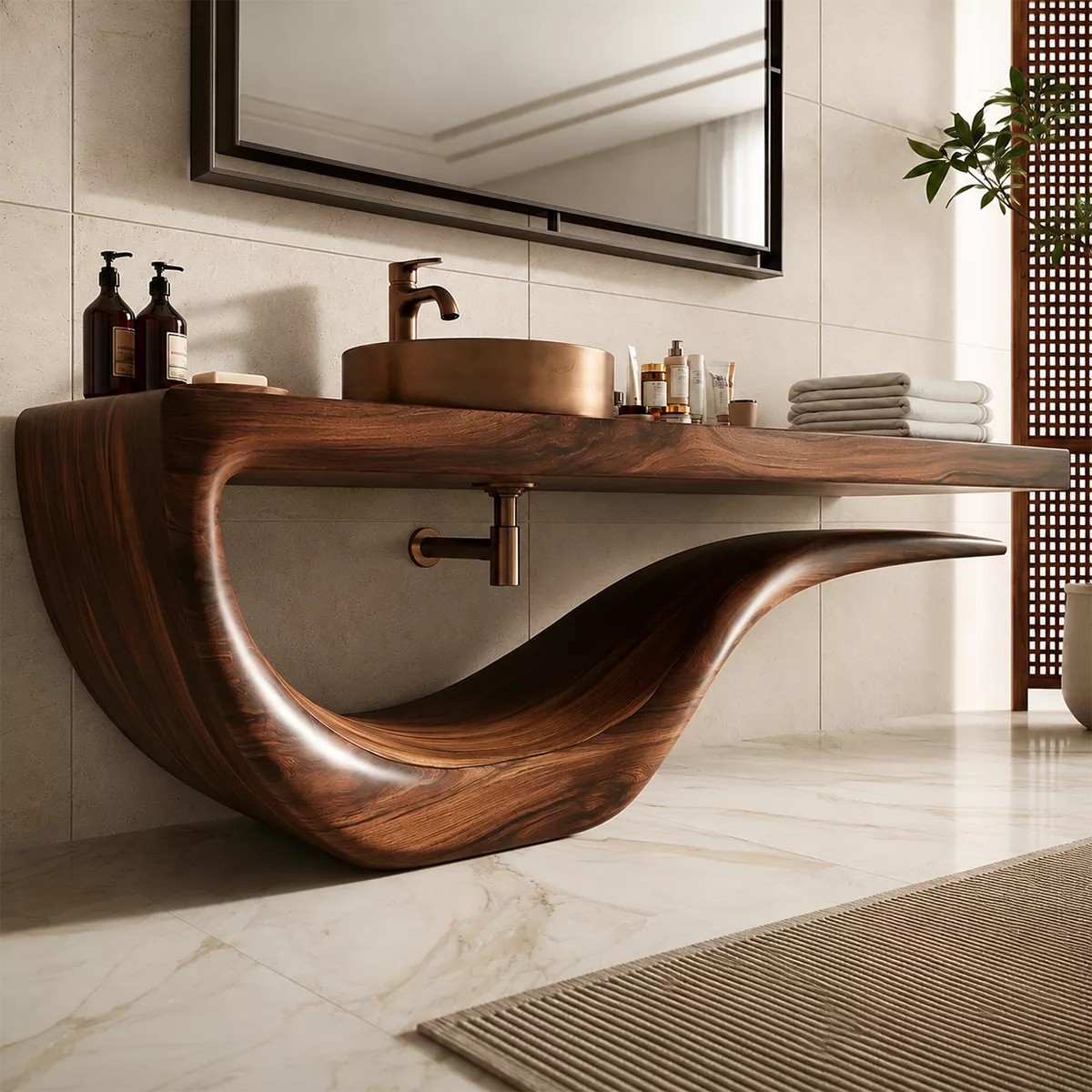 Sculptural Floating Solid Wood Bathroom Vanity With Wave Base And Open Shelf Storage - Livewoodcraft - 7