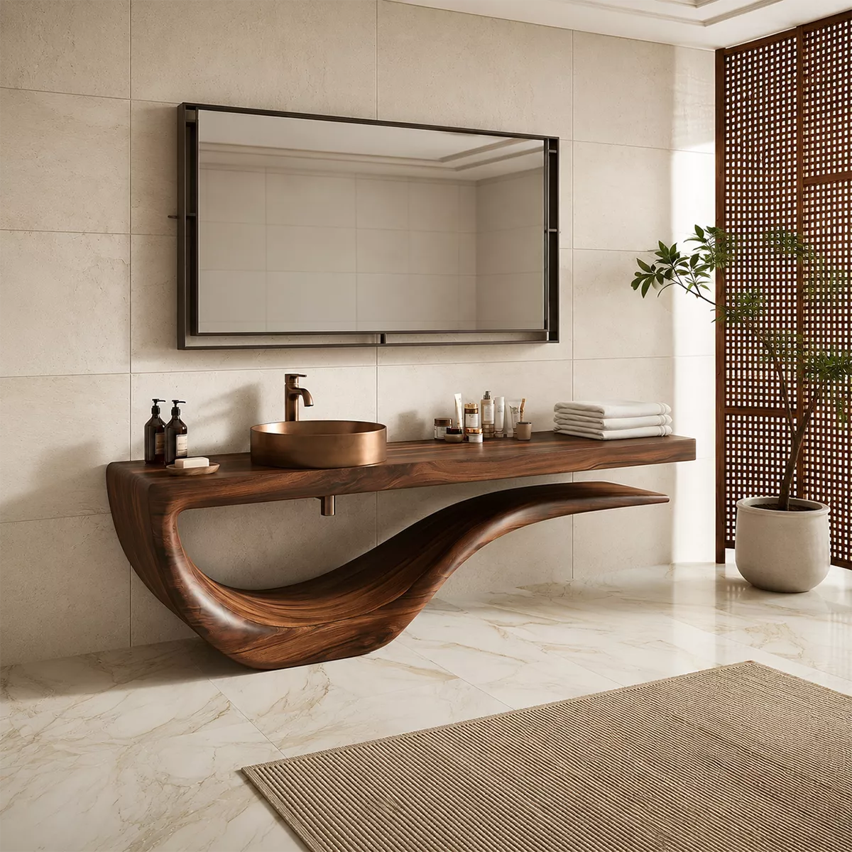 Sculptural Floating Solid Wood Bathroom Vanity With Wave Base And Open Shelf Storage - Livewoodcraft - 8