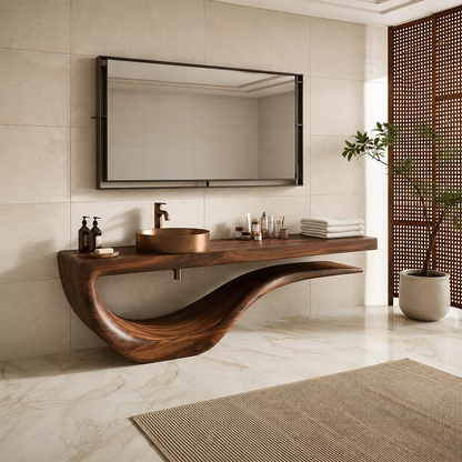 Sculptural Floating Solid Wood Bathroom Vanity With Wave Base And Open Shelf Storage - Livewoodcraft - 8