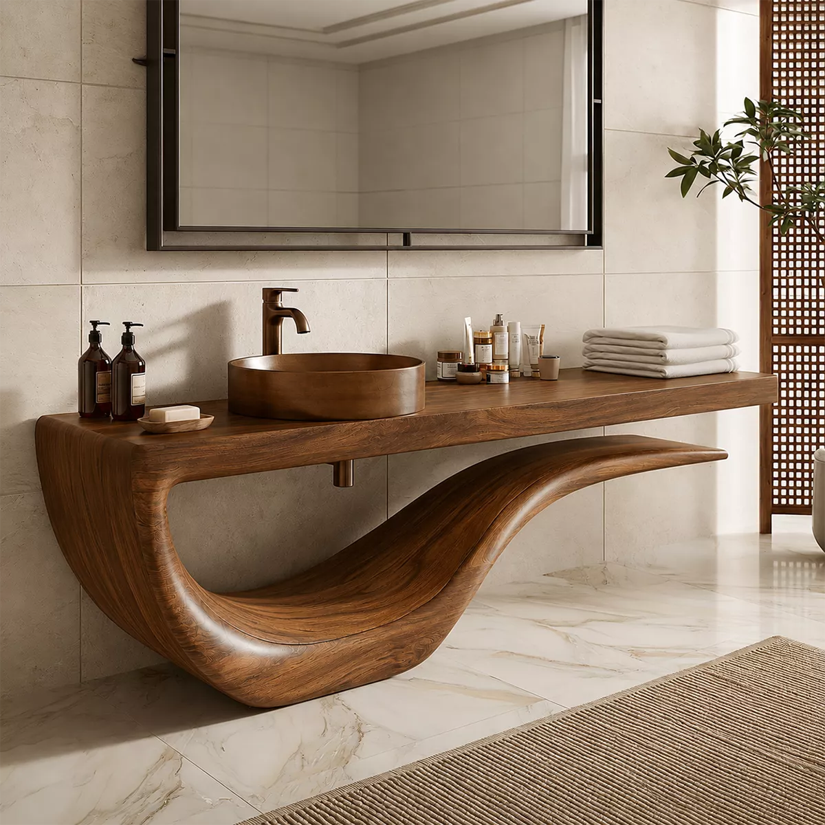 Sculptural Floating Solid Wood Bathroom Vanity With Wave Base And Open Shelf Storage - Livewoodcraft - 9