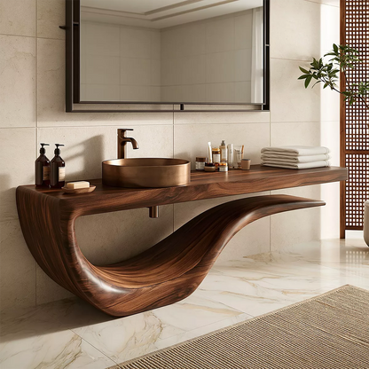 Sculptural Floating Solid Wood Bathroom Vanity With Wave Base And Open Shelf Storage - Livewoodcraft