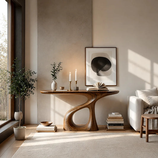 Sculptural Natural Solid Wood Console Table with Flowing Open Base - Echotimber