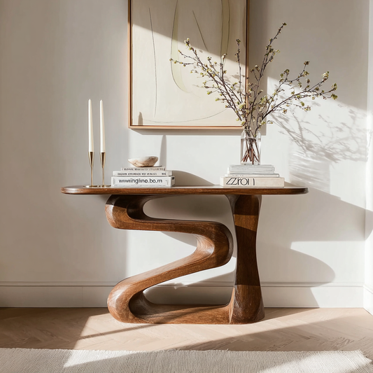 Sculptural Natural Solid Wood Console Table with Flowing Z Shape Base - Echotimber