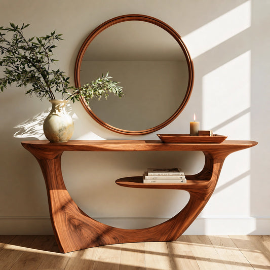 Sculptural Natural Solid Wood Console Table with Integrated Display Shelf - Echotimber