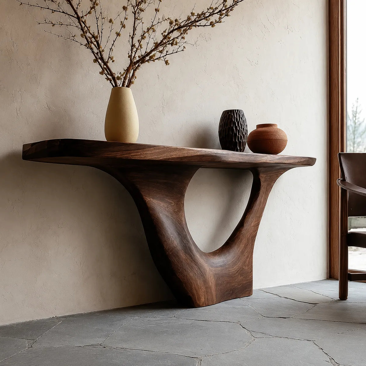 Sculptural Natural Solid Wood Console Table with Organic Open Base - Livewoodcraft - 8
