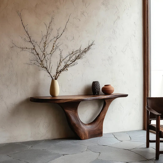Sculptural Natural Solid Wood Console Table with Organic Open Base - Livewoodcraft