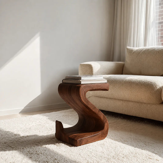 Sculptural Natural Solid Wood Side Table with Curved S Base - Echotimber