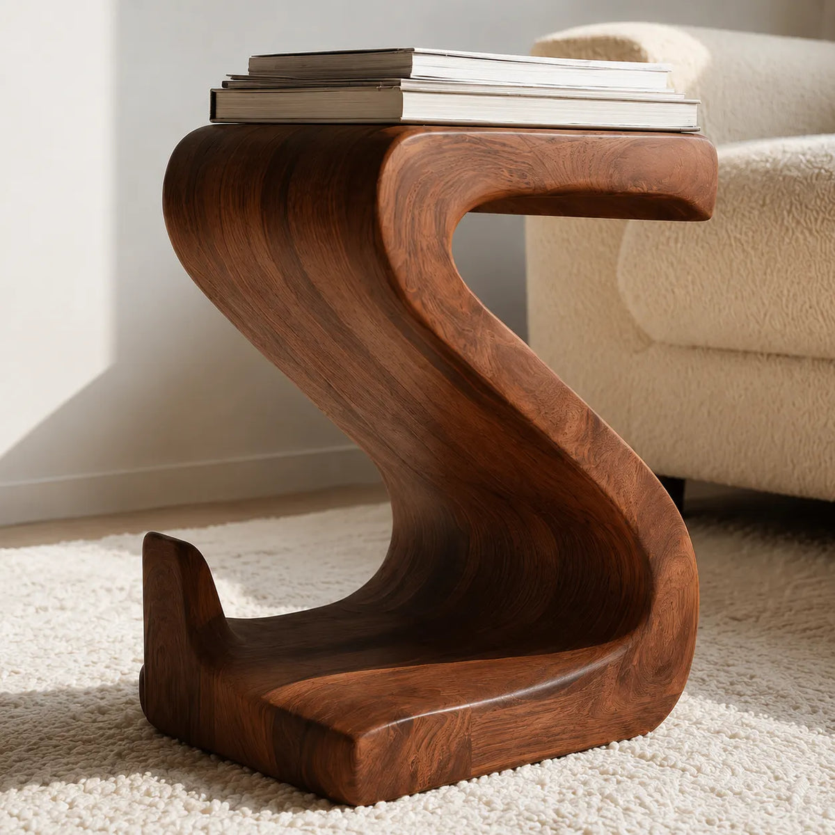 Sculptural Natural Solid Wood Side Table with Curved S Base - Livewoodcraft - 7