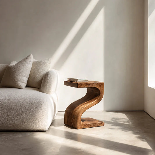 Sculptural Natural Solid Wood Side Table with Curved Z Base - Echotimber - 2048