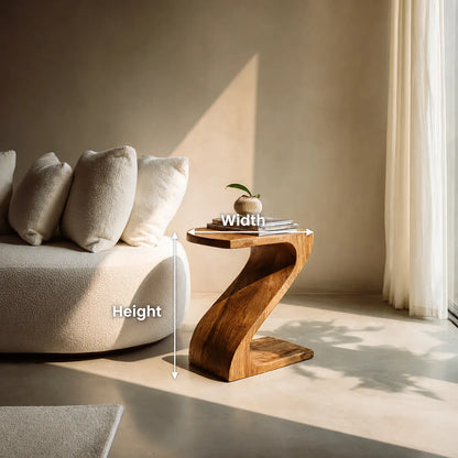 Sculptural Natural Solid Wood Side Table with Curved Z Base - Livewoodcraft - 9