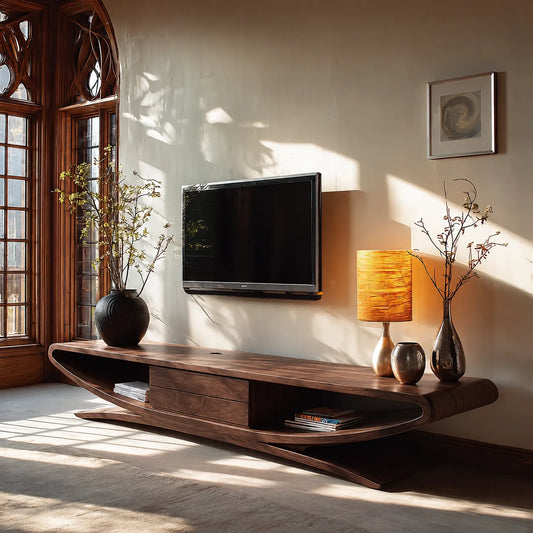 Sculptural Natural Solid Wood TV Stand with Open Shelves and Drawers - Echotimber
