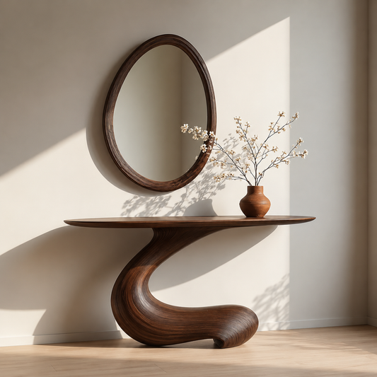 Sculptural Round Base Wood Console Table – Organic Natural Wood Console for Modern Interior - Echotimber