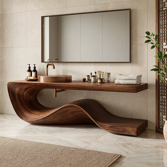Sculptural Solid Wood Bathroom Vanity With Flowing Wave Base And Natural Wood Grain - Echotimber